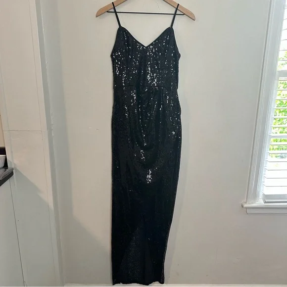 LULUS- Forever Your Girl Black Sequin Faux-Wrap Bodycon Maxi Dress Formal Prom - Picture 3 of 13